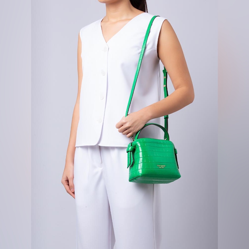 🔥🔥🔥Kate Spade Knott Croc Embossed Green Leather Mini Top Handle Crossbody Bag - Picture 2 of 14